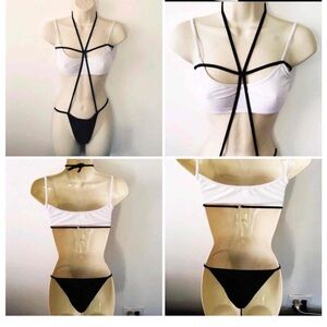 White and Black Strappy tankini Bikini Set